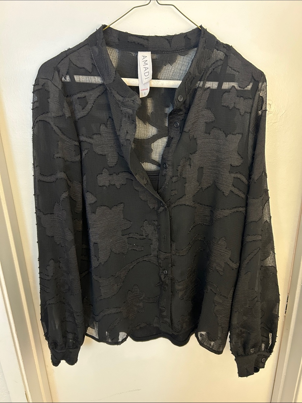Amadi Women's Sheer Textured Long-Sleeve Blouse in Charcoal Black